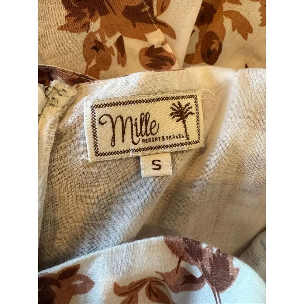 Mille Kiara Dress Small Brown Floral Tie Shoulder Tiered Ruffle Square Neck Boho - Picture 8 of 9